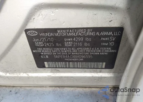 2011 Hyundai Sonata Gls z USA, uszkodzony, nr VIN 5NPEB4ACXBH096595